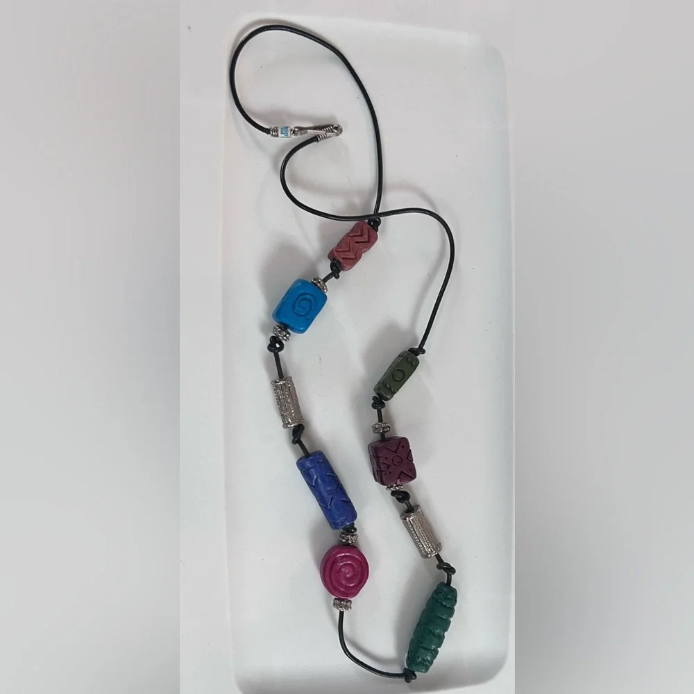 Vintage PIER 1  Colorful textured clay Bead Necklace knot cord boho casual